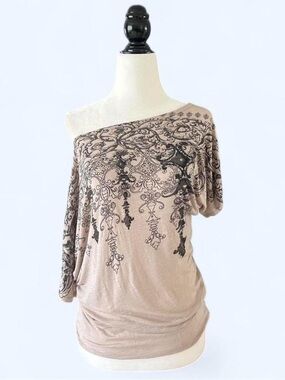 Forever 21 Beige Off-Shoulder Tunic with Black Ornate Print